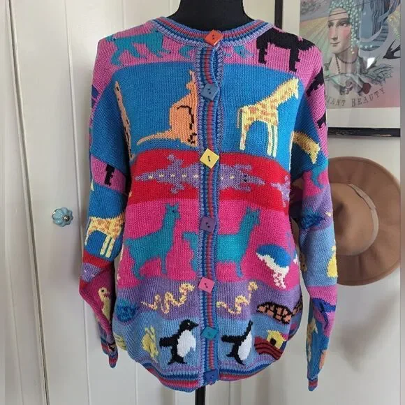 VTG Grannycore Christine Foley Noah’s Ark Cardigan Sweater Animals Circus 2 - Picture 1 of 10